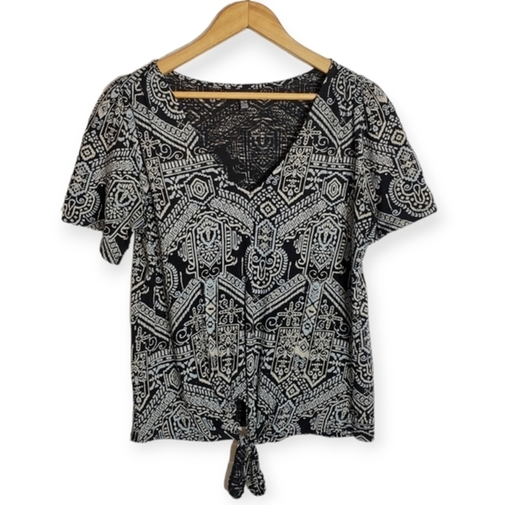 LUCKY BRAND Boho Print Front Tie Waist V Neck T Shirt XS